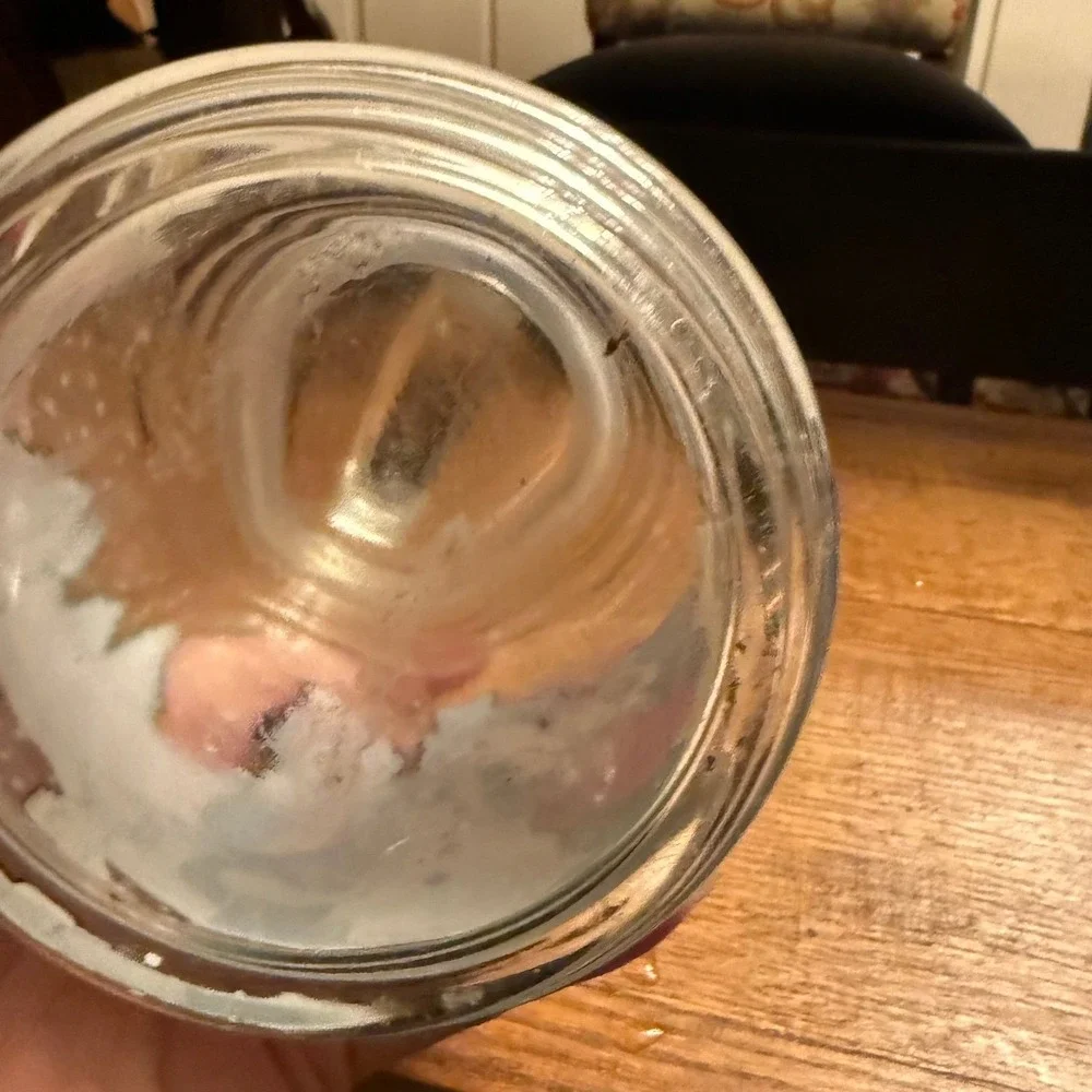 Vtg 1993 ADGI glass candy jar featuring a festive panda bear and snowman scene.